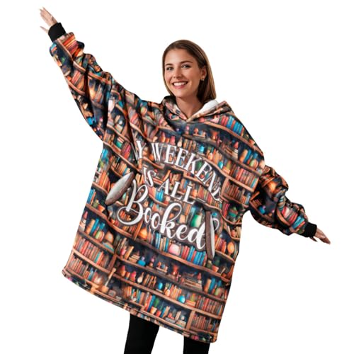 Huglanket Book Lovers Gifts, My Weekend is All Booked, Wearable Blanket Hoodies for Adults, Oversized Flannel Hooded Blankets, One Size Fits All, Brown, F