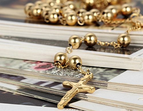 Flongo Womens Men's Stainless Steel 8mm Beads Gold Jesus Christ Crucifix Cross Rosary Pendant Necklace, 37 inch3