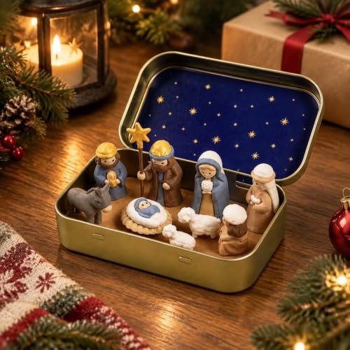 Mini Christmas Nativity Set in a Tin Box, Handcrafted Holy Family Figurines - image 2