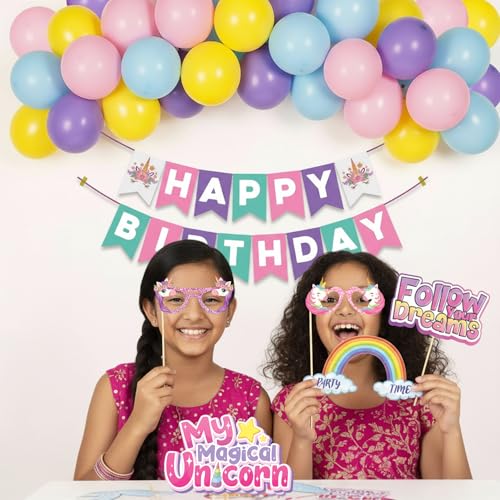 Image of Party Propz Unicorn Theme Birthday Decoration Kit -57 Pcs ,Happy Birthday Banner, Multicolor Balloons for Birthday Events, Unicorn Photo Props & Glue Sheet ,Decoration Kit for Girls (Cardstock)
