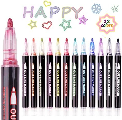 Self Outline Metallic Markers,Super Squiggles Shimmer Markers Pen For Highlight Outline Metallic Markers Pen,Card- Drawing Makingcute Glitter Magic Markers Stationary Supplies