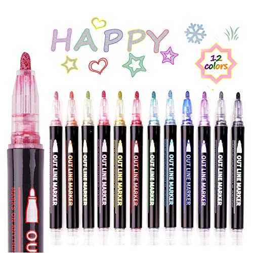 Self Outline Metallic Markers,Super Squiggles Shimmer Markers Pen For Highlight Outline Metallic Markers Pen,Card- Drawing Makingcute Glitter Magic Markers Stationary Supplies #TOP15