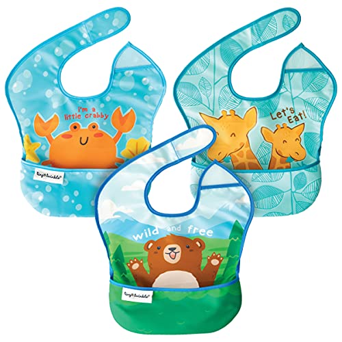Image of Tiny Twinkle Mess Proof Baby Bib - Waterproof Bib for Baby Boy or Girl - Machine Washable - Adjustable Side Closure PVC BPA & Phthalate Free -Great for Travel - Baby Food Bibs 3 Pack Bear Crab Giraffe