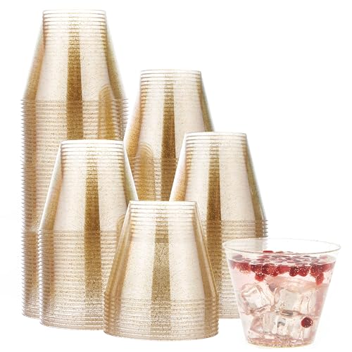 MATANA 120 Premium Plastikbecher, Partybecher, Trinkbecher mit Goldglitter (255ml / 9oz) - Hartplastik Becher, Kunststoffbecher, Mehrwegbecher, Cocktailgläser, Plastikgläser für Hochzeiten & Partys