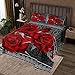 Rote Rose Blumen Bettdecke 220x240cm,Blumen und Botanische Themen Bett/Sofabezug 3 Stück für Mädchen Teens,Graue exotische Spitze Gesteppte Tagesdecke mit 2 Kissenbezügen, Weiches Polyester