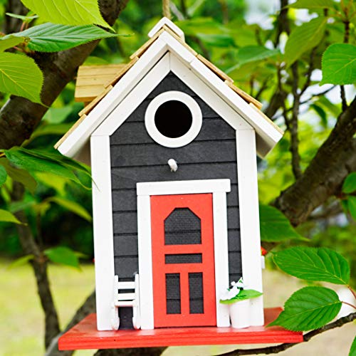 Kingwolfox Hanging Colourful Birdhouse Garden Country Cottages Bird House Condo Wooden Red Height 9.7" (Black) - Thumbnail 4