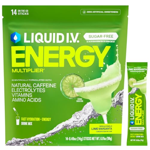 Liquid I.V. Hydration Multiplier Sugar-Free + Energy - Lime Margarita Mocktail | Electrolyte Powder Drink Mix | 1 Pack (14 Servings)