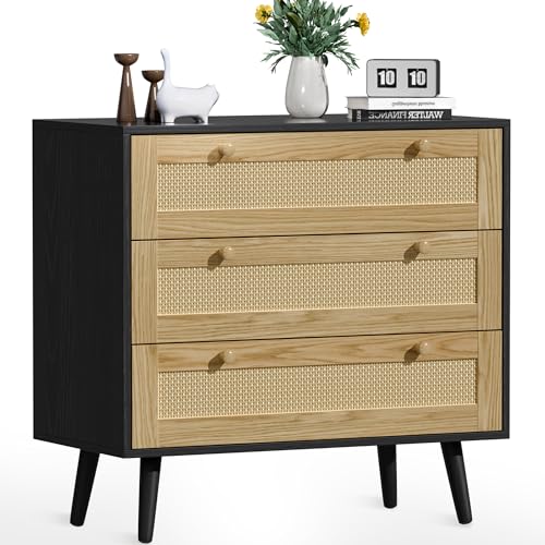infurnic Cómoda de ratán de 3 cajones para dormitorio, cómoda de madera moderna con asas para dormitorio, pasillo y sala de estar, color negro