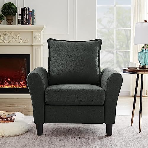 Pingliang Home Modern Accent Chair, Upholstered Living Room Arm Chair with Round Armrest and Wood Legs, Comfy Reading Chair for Living Room Bedroom Small Space, Black