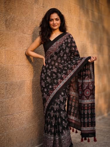 Image of Ajrakh Modal Silk Saree for Women | Mirror Work Black Saree | Gajji Silk Red Pallu Tassels | Designer Sarees for Women Party | Ajrakh Print Saree | Modal Silk Sarees Original