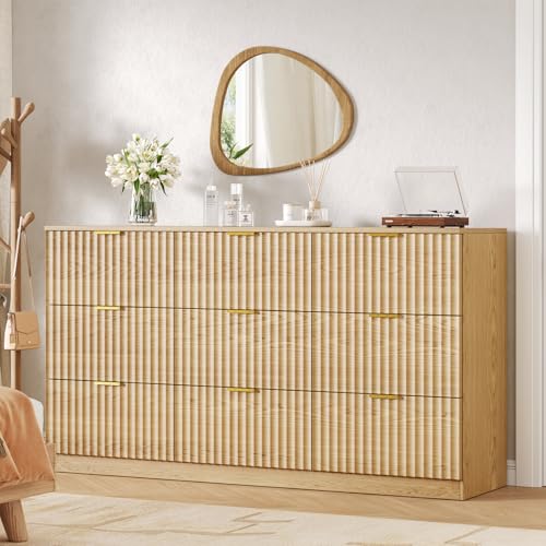 Image of Fluted 9 Drawer Dresser for Bedroom,60.3'' W Modern Dresser for Closet with Metal Handle, Wooden Chest of Drawers for Bedroom, Living Room, Hallway, Natural