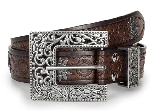 Image of Western-Leather-Belts-Women Vintage Waist-Belts with Hollow Out Flower