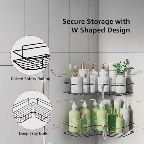 Image of Amazon Basics Modern Wall Mounted Corner Rack for Bathroom | Mild Steel Storage Shelf for Toiletries, Shampoo, Soap & Accessories| Self adhesive | Rust-Resistant, Easy to Clean, Space-Saving Organizer - 27.5 x 27.5 x 6.2 cm, Pack of 2, Black