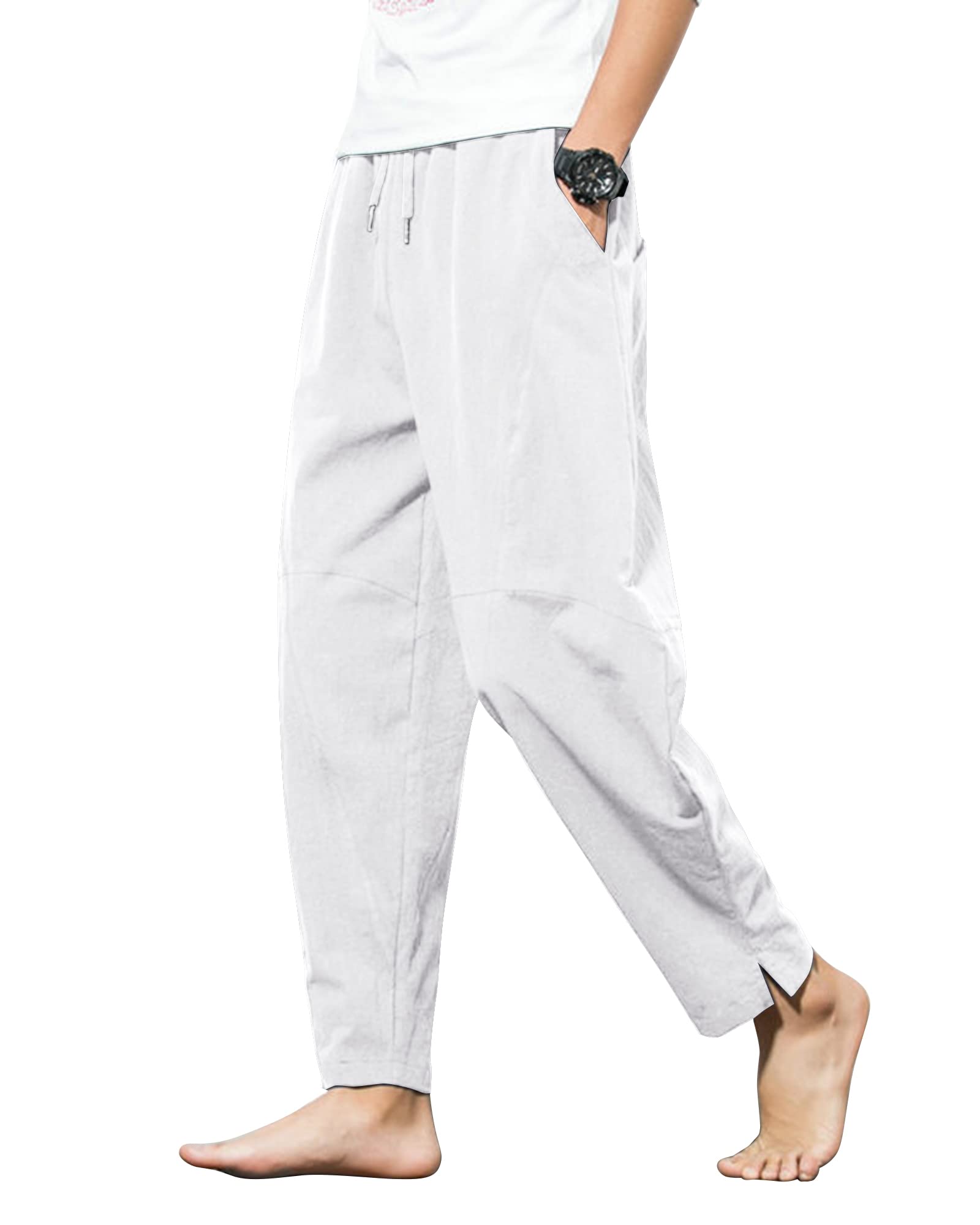 Herren Leinen Baumwoll Hose, Elastischer Bund mit Kordelzug, Weite Haremshose Yogahose für Freizeit Strand Sommer