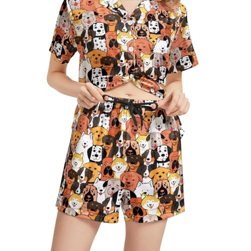 Image of Funny Satin Pajamas Set for Women Button Down Sleepwear Print Pjs Set 2 Piece Short Sleeve Loungewear Gift for Women