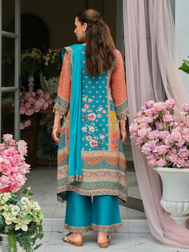 Image of INDO ERA Women's Pure Silk Printed Ethnic Motifs A-Line Kurta & Palazzo with Dupatta Set (IEOUT186)
