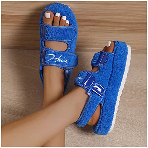 ilbcavne Furry Sandals Women Terry Towel Slider Slippers, 2022 Thick Sole Warm Cotton Sandals with Velcro, Non-Slip Cozy Fuzzy House Slippers Memory Foam Mules Slippers(Size:EU38,Color:Azul) Cover