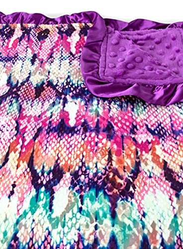 Image of Top Tots Baby Blanket - Watercolor Reptile with Purple Minky Dot & Satin Ruffle, 31 x 31 Inch Multicolored