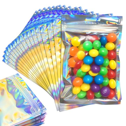 100Pcs Smell Proof Mylar Bags 10x15cm Resealable Foil Pouch Holographic Zip Bags Packaging Bag with Clear Window for Food Storage Small Business Eyelash Lipgloss Jewelry Electronics Storage (10*15cm)