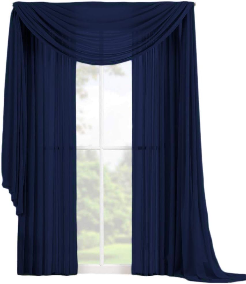 Decotex 3 Piece Elegant Sheer Voile Window Curtain Panel Drape Set Includes 2 Panels and 1 Matching Scarf (63" Length, Navy Blue) 63" Length Navy Blue