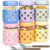 6-Pack 16 oz Overnight Oats Jars with Lids & Silicone Sleeves - Airtight Glass Mason Jars, Food Storage, Wide Mouth Meal Prep Containers for Chia Pudding, Yogurt, Berries & Snacks, Dishwasher Safe