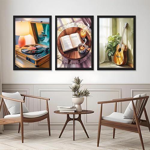 Image of NoWorries Modern Aesthetic Wall Art Framed Painting Set of 3 | Vintage Record Player, Coffee Book & Acoustic Guitar Prints with Frame | Cozy Lifestyle Music Decor Frames for Living Room, Bedroom and Studio, Minimal Contemporary Framed Artwork Ready to Hang (Art-8, 13x19inch, Wooden)