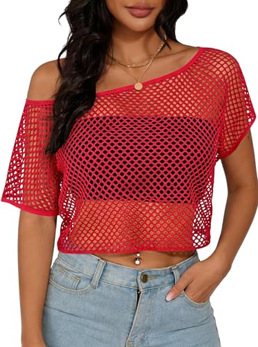 LilyCoco Women Mesh Fishnet Top Cover Up Short Sleeve Off The Shoulder Crop Tops Red Medium
