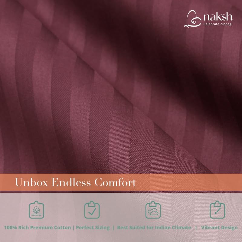 Image of Naksh Bedsheet for Double Bed King Size Stripes 210 TC with 2 Pillow Covers | 100% Pure Cotton Bedsheets | Breathable Fabric for Cool, Comfortable Sleep | King Size Bed Sheet Cotton | Wine |