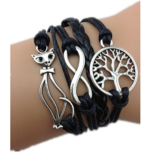 JOVANA Retro Vintage Handmade Cat Infinity Love Wish Tree Black Leather Rope Wrap Bracelets (Black)