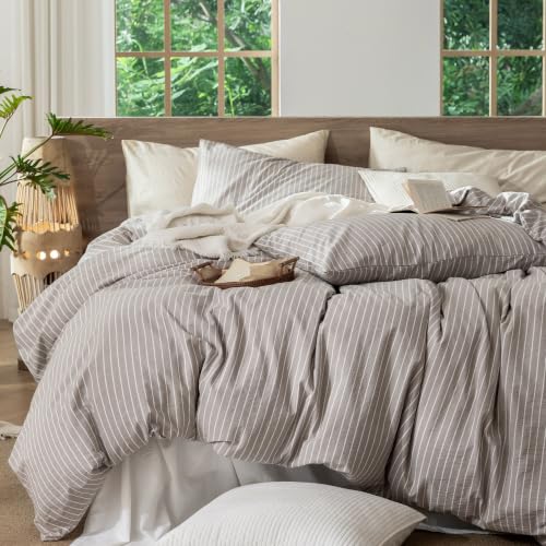 Image of MooMee Striped Duvet Cover Set 100% Washed Cotton Linen Like Queen