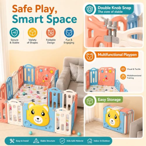 Image of Hukimoyo Large Baby Playpen 20 Panels /45 Sq Ft Play Area Indoor Setup with Mat ,balls | Play Yard for Babies 0-3 Years with Padded Boundary |Indoor Outdoor Toddler , infant fence Activity Center with Safety Door Lock & Suction Cups (6 * 7.5 FT)
