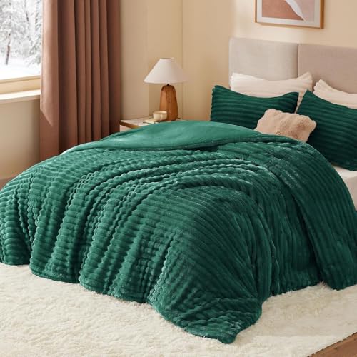 Image of BEDELITE Fleece Full Comforter Set -Super Soft & Warm Fluffy Dark Green Bedding, Luxury Fuzzy Heavy Bed Set for All Season with 2 Pillow Cases
