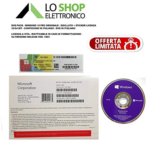  Microsoft Windows 10 Pro DVD 64 Bit + Coa Sticker - Sistema Operativo Completo - Licenza a Vita -