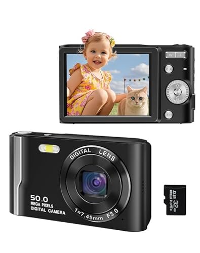 Digitalkamera 4K 50MP Autofokus Kamera Fotokamera 32GB SD-Karte, Kompaktkamera mit 2,8" HUD Bildschirm, 16X Digitalzoom, 1 Akku für Kinder Teenager Student Anfänger, Schwarz