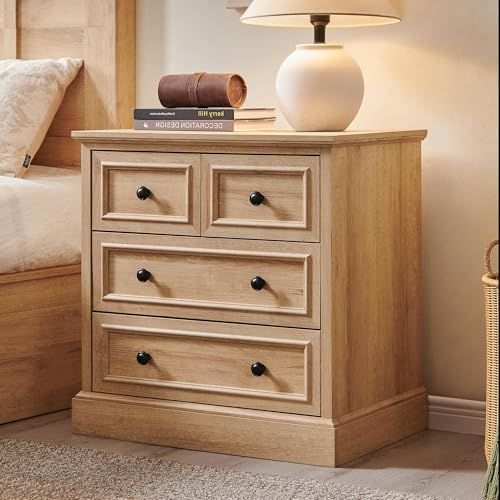 Image of ACCOHOHO Farmhouse Nightstand with 4 Drawers, 26 inch Wide End Table with Storage, Modern Nightstand with Charging Station for Bedroom, Natural Oak