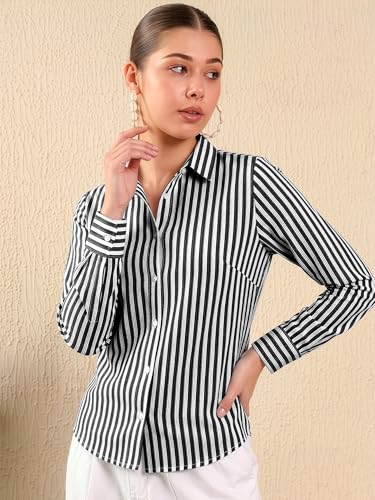 Image of Aahwan Solid Button Up Drop Shoulder Vertical Stripe Pattern Casual Long Sleeve Shirt for Women's & Girl's