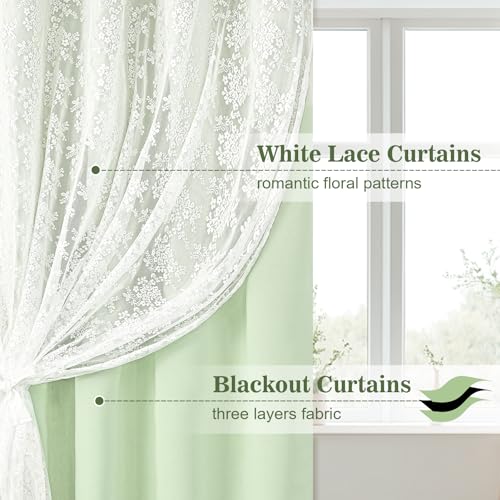 Image of Yinhua Double Layer Blackout Curtains for Bedroom Green Curtains for Living Room 63 Inch Length 2 Panels Set Kid Curtain with Tiebacks, Grommet Drapes with Floral Sheer Overlay, 52 inch W x 63 inch L
