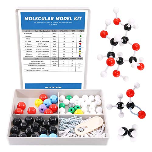 Swpeet 125 Pcs Molecular Model Kit for Inorganic & Organic Molecular Model Teacher and Student Kit - 54 Atoms & 70 Links & 1 Short Link Remover Tool - Science Toys