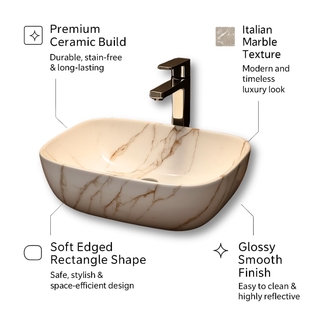 HISRE Table Top Wash Basin For Bathroom | Over Counter Top Wash Basin For Living Room | Washbasin Countertop | Tabletop Ceramic Bathroom Kitchen Sink (45 x 33 x 13 CM) (White - SKT1034) 2