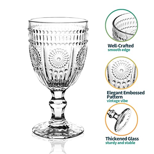 Wongblee Vintage Glass Goblets 11.8 Oz, Embossed Stemmed Glasses, Drinking Glasses For Wine, Water, Juice, Beverage, Set Of 6 (Clear) #TOP2