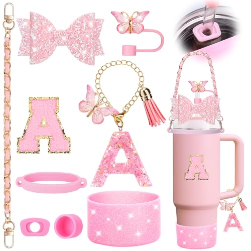 Mity rain 9PCS Pink Cup Accessories Set for Stanley Cup 30oz 40oz tumbler with handle - Includes Strap,Straw Bow Decorate,Straw Topper,Boot,Spill Proof Stoppers,Handle Charms,Sticker (Initials A)