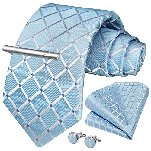Image of HISDERN Plaid Ties for Men Classic Checkered Tie and Pocket Square Cufflinks Tie Clip Set Woven Men's Necktie Business