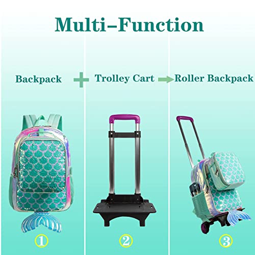 Meetbelify Rolling Backpack For Girls Mermaid Luggage Magic Sequin Suitcase Wheels Trolley Trip Laptop Backpack With Lunch Box For Teen Girls Students #TOP3