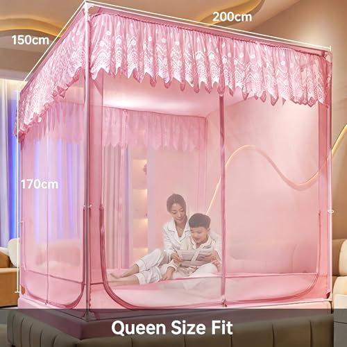 Image of Dawnwake Mosquito Net, Anti-Fall Mosquito Neting Bed for Babies /Adult /Outdoor,Portable Foldable Travel /Camping Mosquito Net Tent, Suit for Queen Size Bed (Pink, 200 * 150cm)