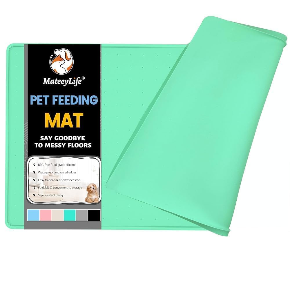 MateeyLife Tapis de nourriture pour chien et chat - Imperméable, antidérapant, bords surélevés - Plateau en silicone pour abreuvoirs désordonnés - 61 x 40,6 cm - Vert menthe