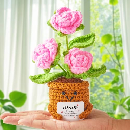 Yiminu.DS Gift for Mom, Small Mother's Day Gifts, Mother's Day Gift, Birthday Gift (30th, 40th, 50th, 60th, 70th), Handmade Positive Knitted Pink Roses for Mother's Day