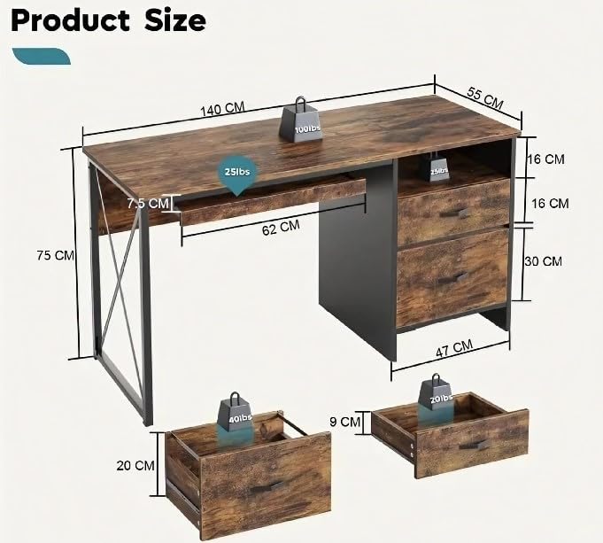 TEKAVO Office Table with Drawer, Brown, 75 x 140 x 55 CM - Image 3