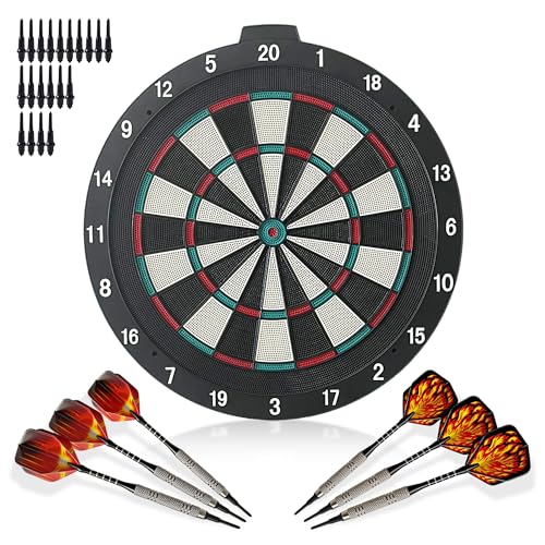 CHRDW 18 Inch Soft Tip Dart Board for Adults Staple-Free Plastic Surface with 6 Aluminum Darts & 20 Extra Tips Indoor/Outdoor Game Room Bar Dartboard Set
