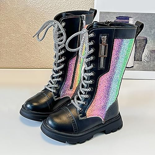 Girl's Sparkly Knee High Boots Comfort Side Zipper Lace-up Long Boots Fashion Colorful Combat Shoes2