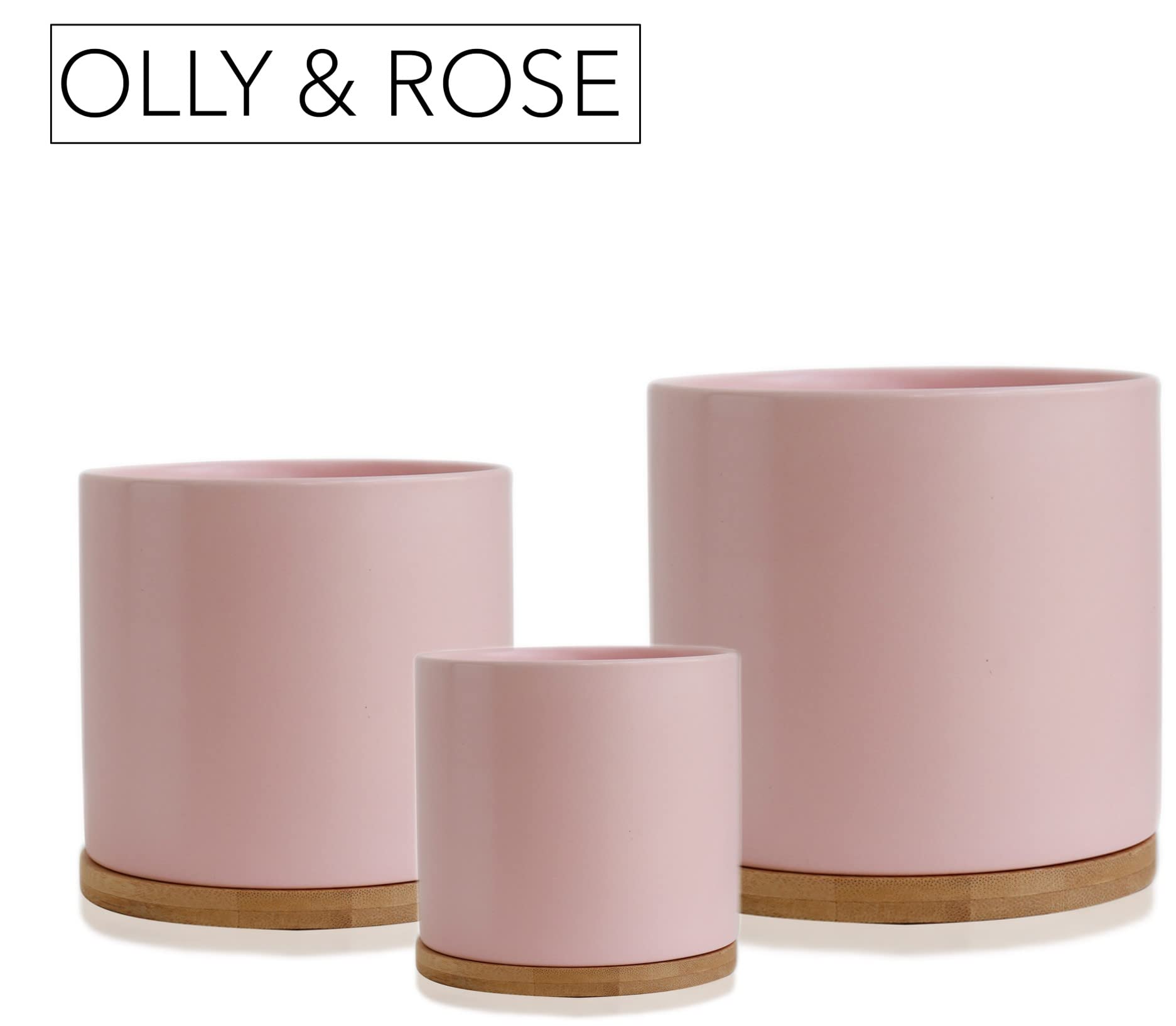 Olly & Rose Juego de 3 macetas de cerámica con platillos de bambú, color rosa pastel, para interiores, macetas de cerámica, recipientes, para exteriores, grandes, medianas y pequeñas con platillos